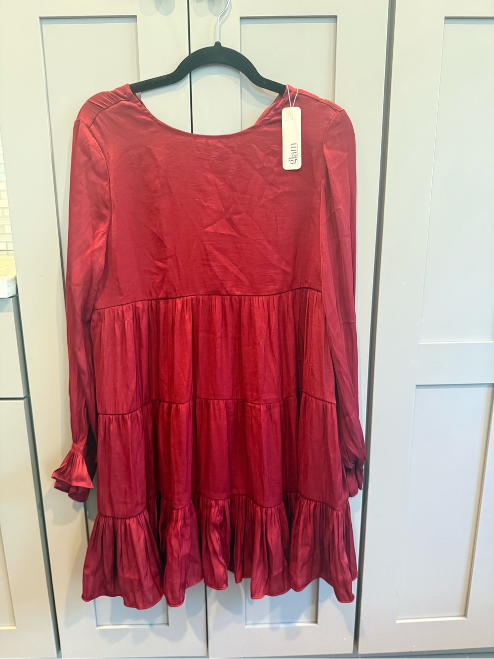 glam Burgundy Long-Sleeve Tiered Ruffle Dress